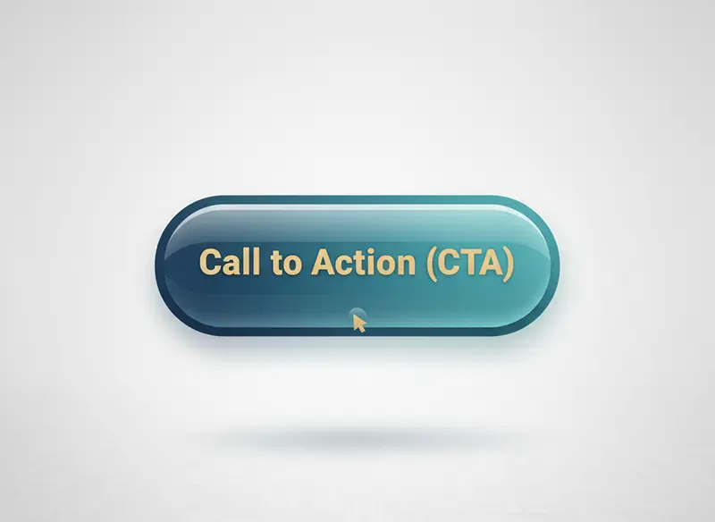 A blue gradient button with the words "Call to Action (CTA) and a computer mouse icon indicating a click on the button.
