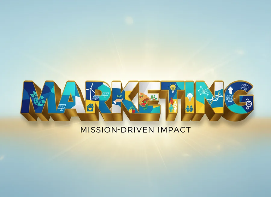 3D text that reads “MARKETING” in large gold block letters filled with colorful icons representing sustainability, technology, community, and innovation. Below the word is the tagline “Mission-Driven Impact” against a bright, radiant sky background.