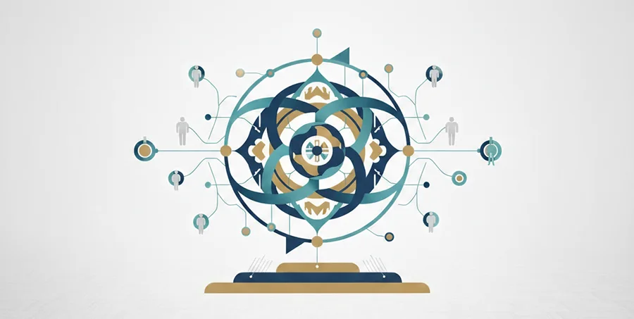 A spherical graphic showing the connections between people and actions in blue, turquoise, gold, and grey.