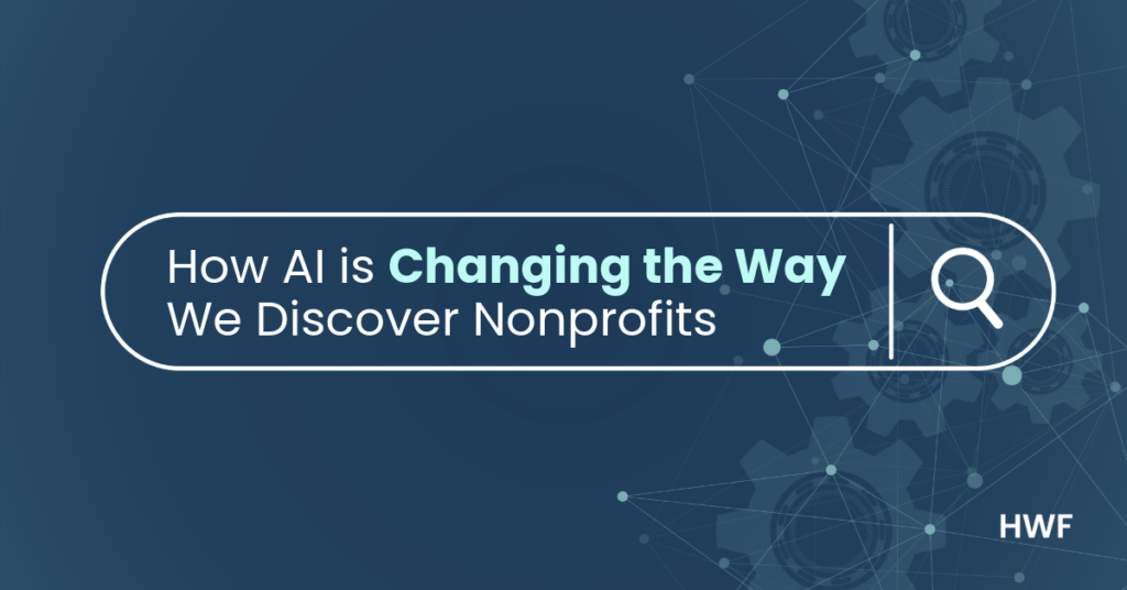 A dark blue background with imagery depicting gears and connections, and a search bar with the words "How AI is changing the way we discover nonprofits" typed in.