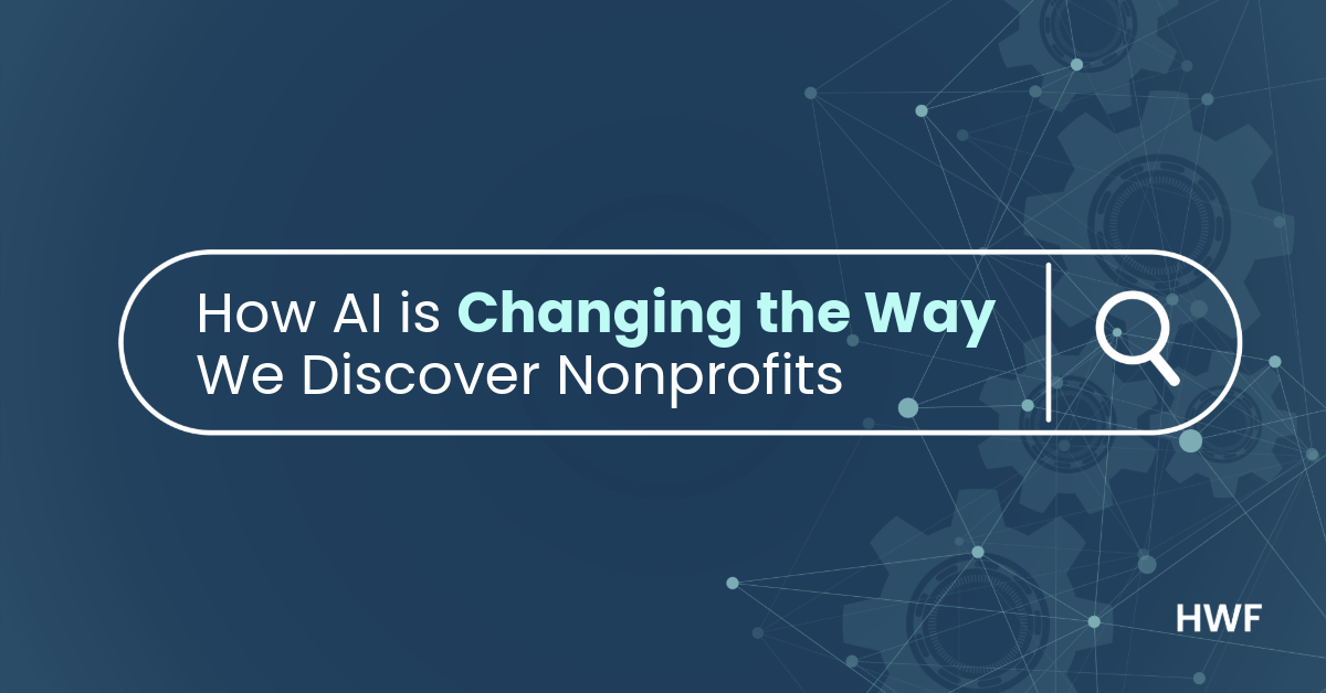 A dark blue background with imagery depicting gears and connections, and a search bar with the words "How AI is changing the way we discover nonprofits" typed in.