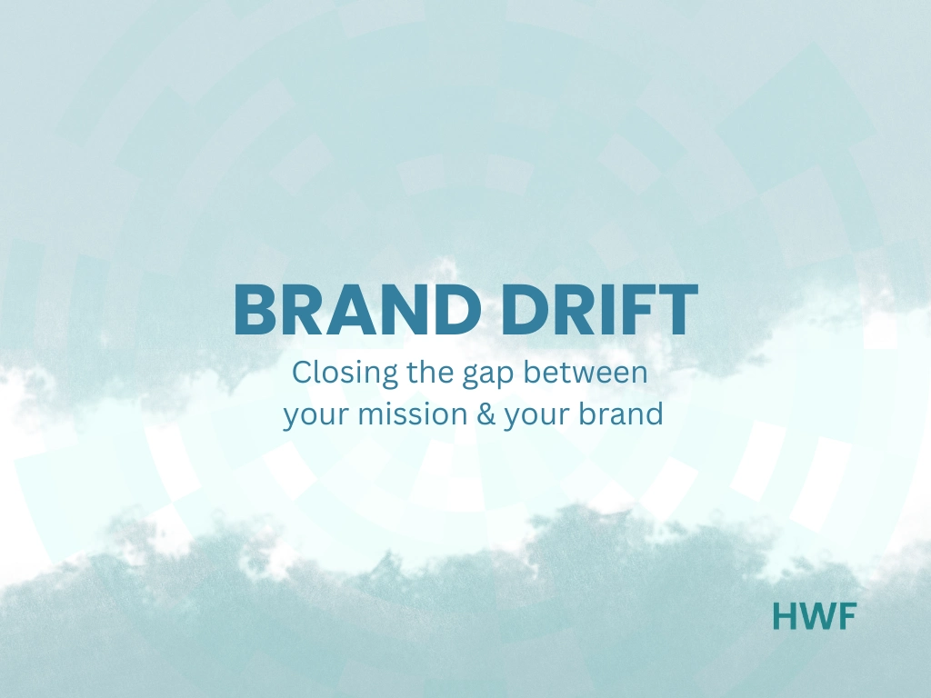 the words "brand drift" with two clouds of blue smoke and a gap in the middle