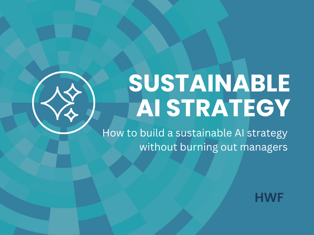The words "sustainable ai strategy: how to build a sustainable AI strategy without burning out managers". AI icon with round blue graphic surrounding.